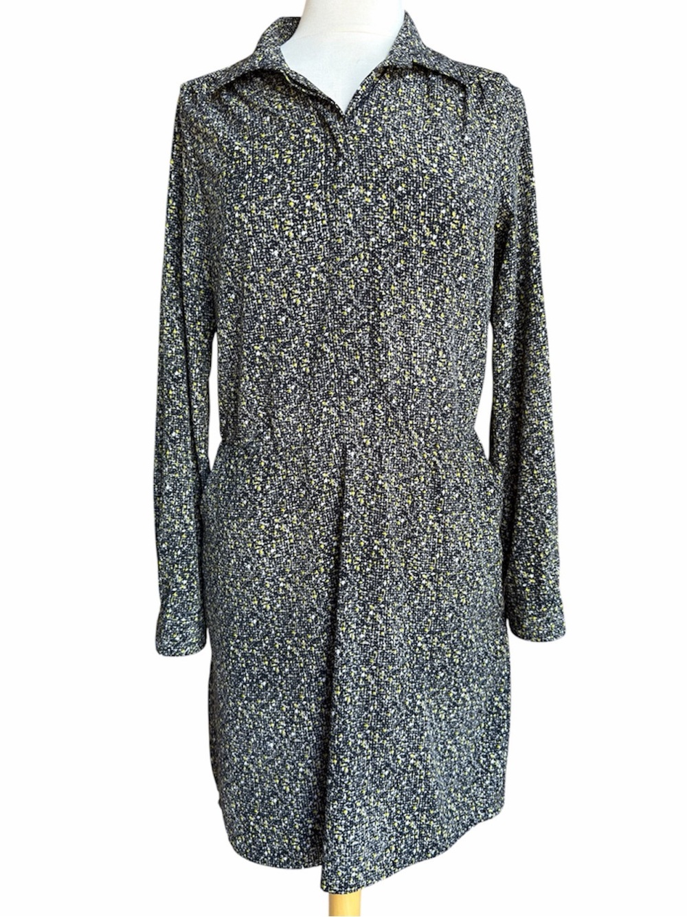 Gap Printed Shirt Dress Black Yellow Long Sleeve Pockets Elastic Waist